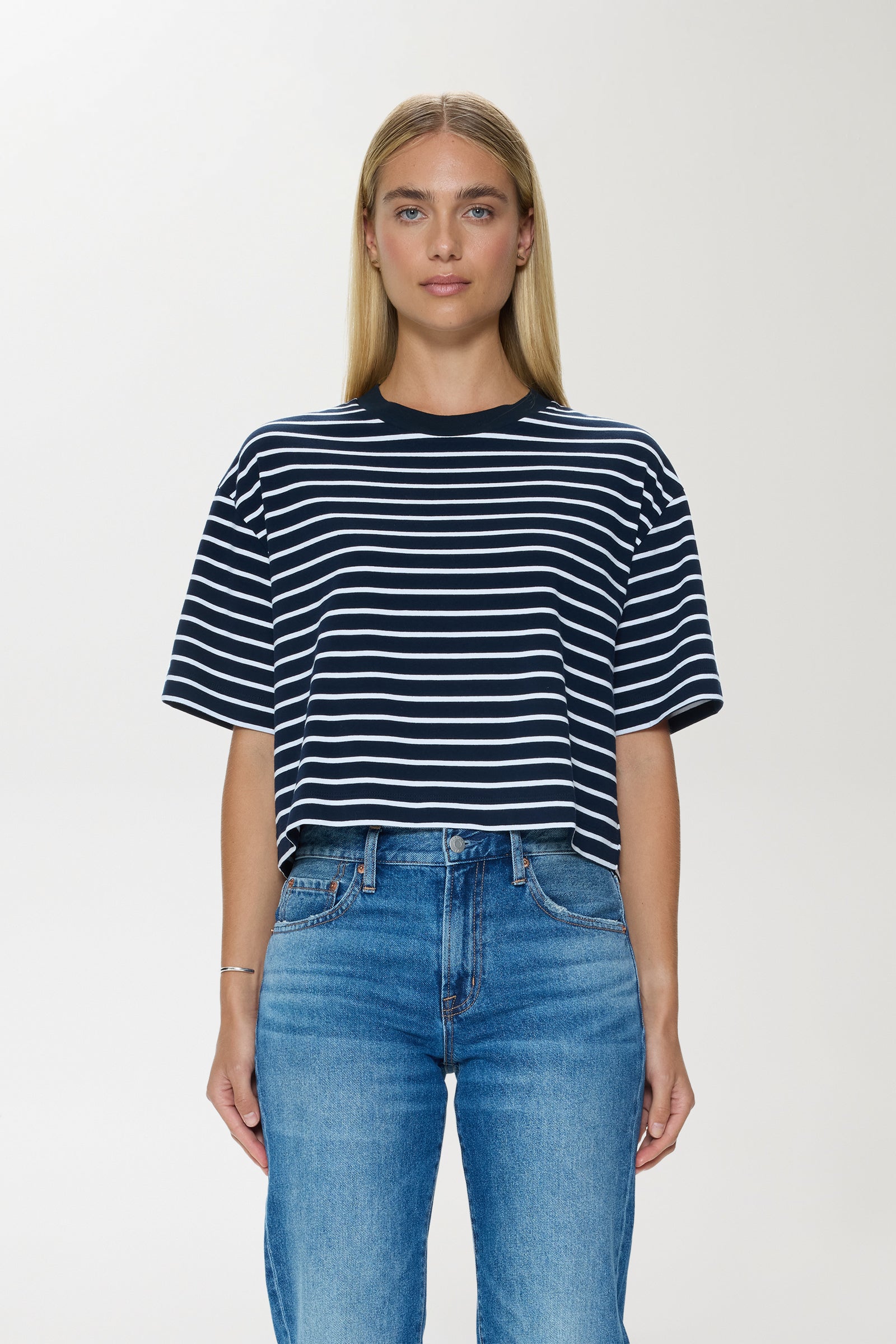 Mae Cropped Tee - Navy White Stripe – Pistola Denim
