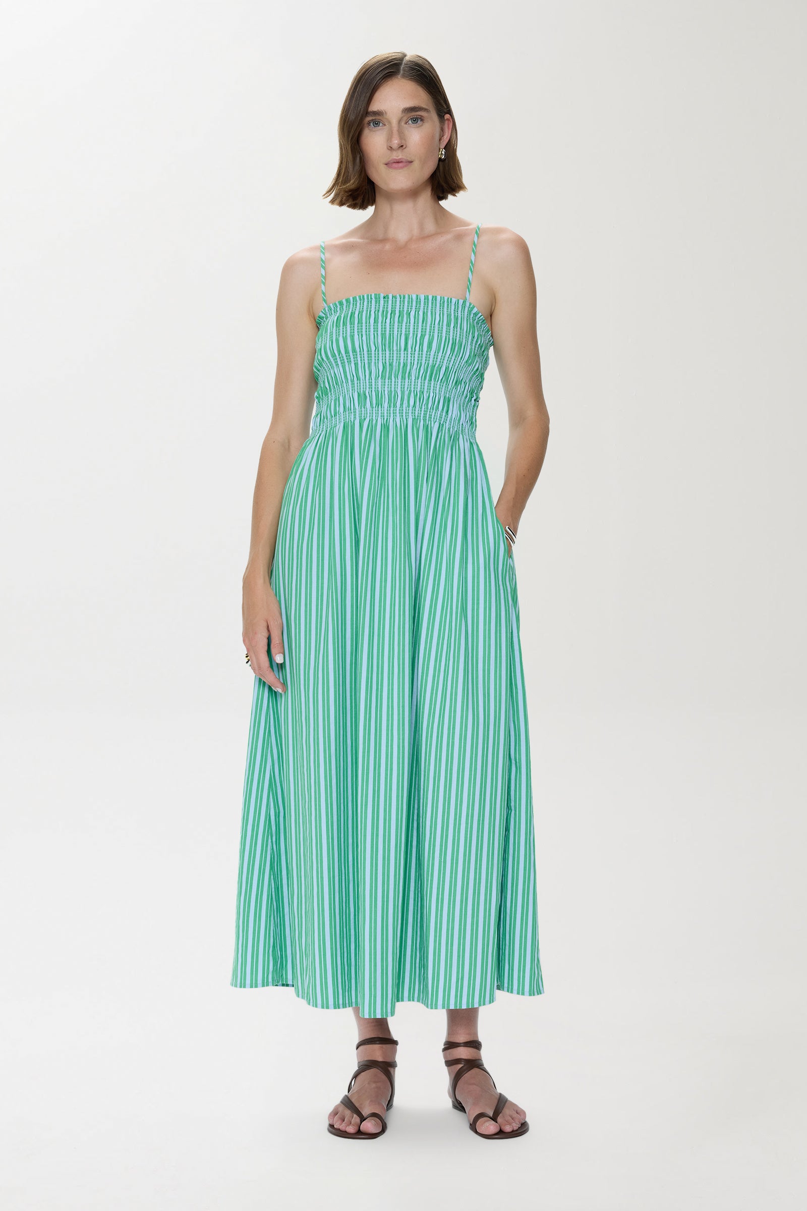 Pistola - Bianca Shirred Bodice Dress - Green Blue Stripe M Pistola - Bianca Shirred Bodice Dress - Green Blue Stripe M