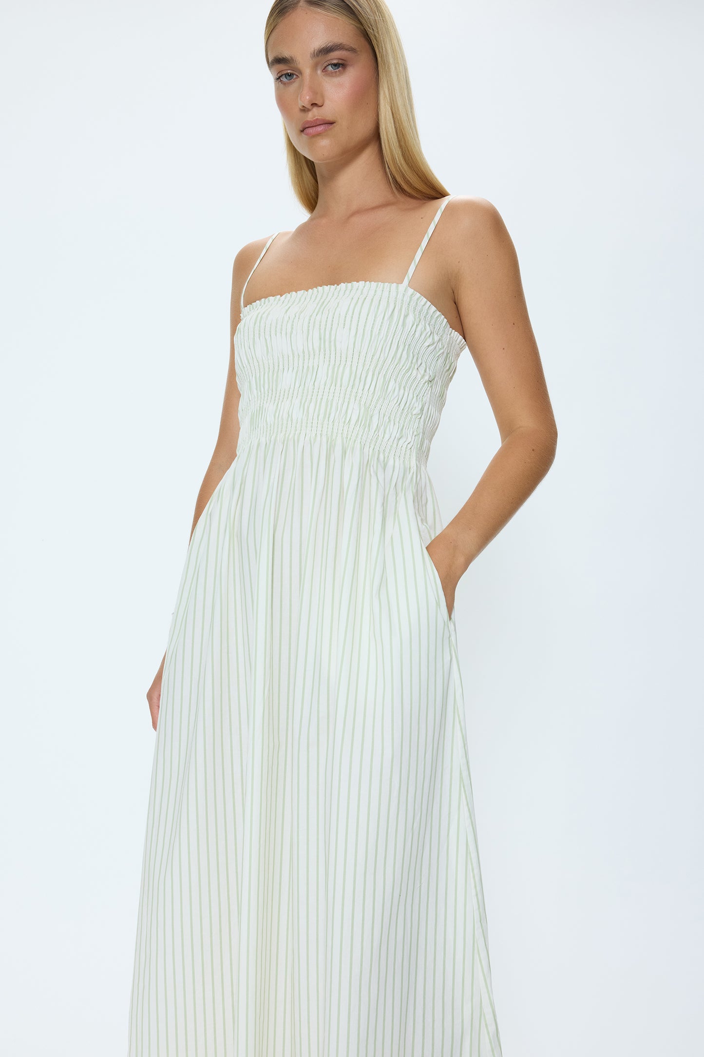 Pistola Bianca Shirred Bodice Dress - Sage Egret Stripe dress