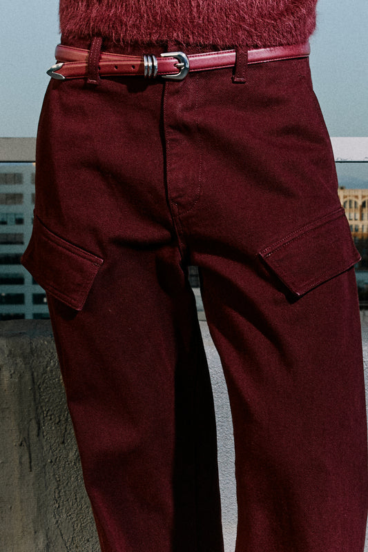 Maia Slim Leather Belt - Maroon Silver