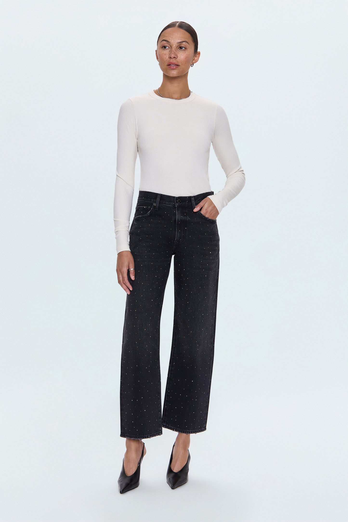 Lexi Mid Rise Bowed Straight Jean- Silver Screen