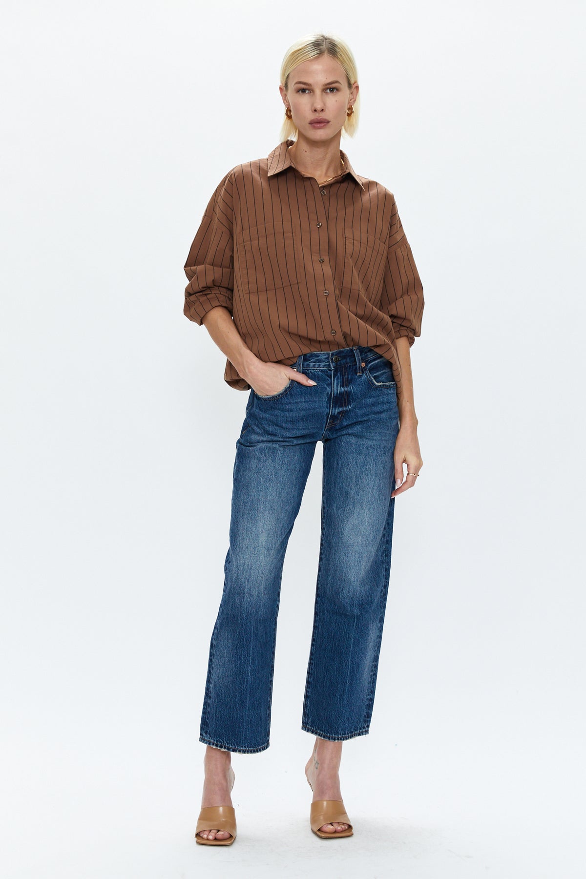 Rena Button Down Tunic Shirt - Chestnut Noir Stripe
