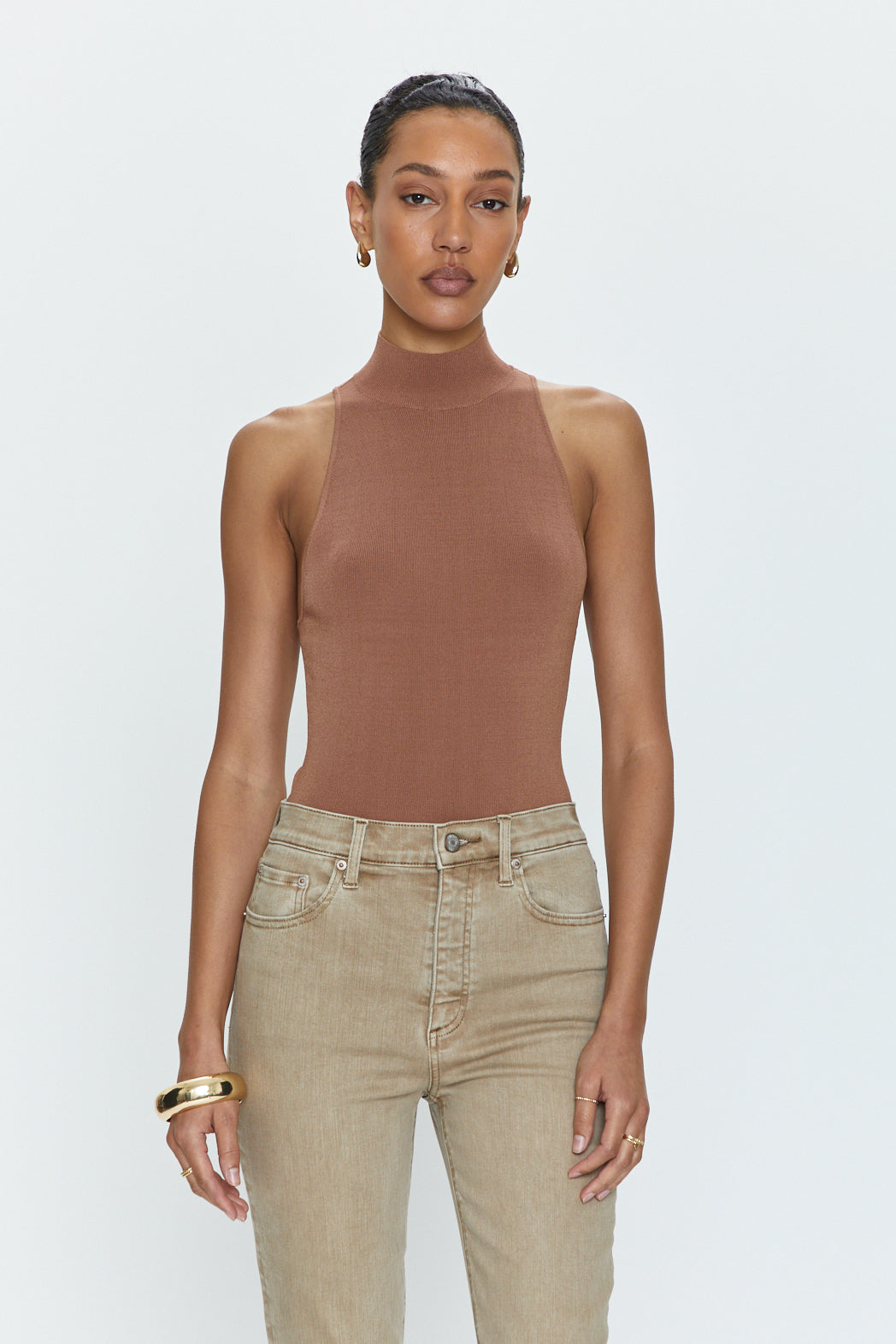 Janessa Mock Neck Thong Bodysuit - Hazelnut