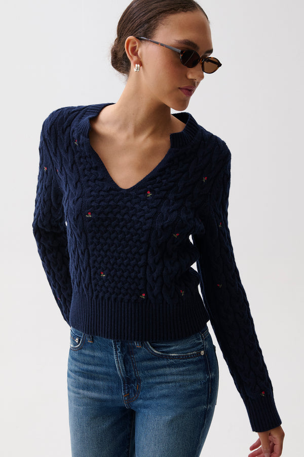 Shana Cable Embroidered Sweater - Soft Night