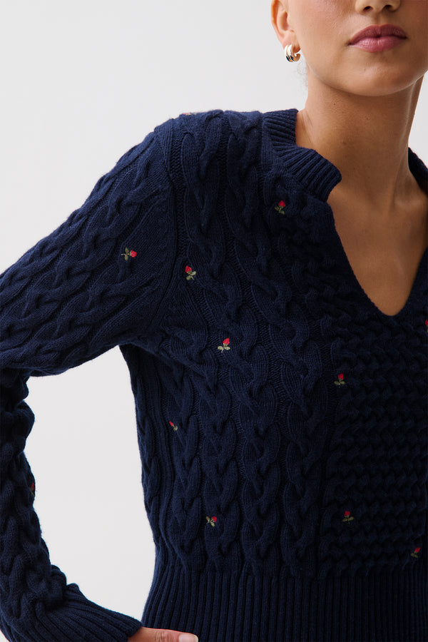 Shana Cable Embroidered Sweater - Soft Night