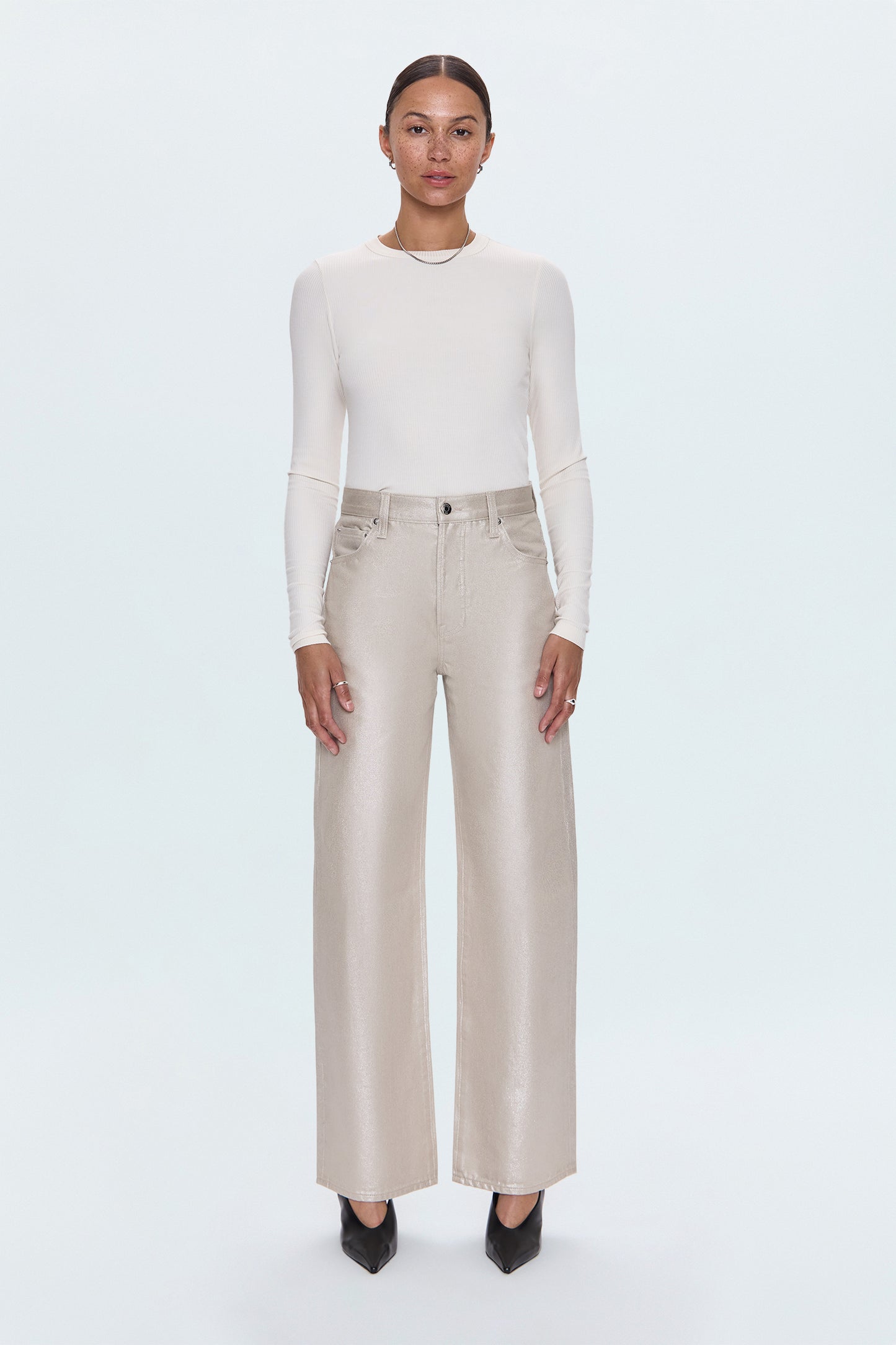 Tate High Rise Wide Bowed Jean - Champagne Luster