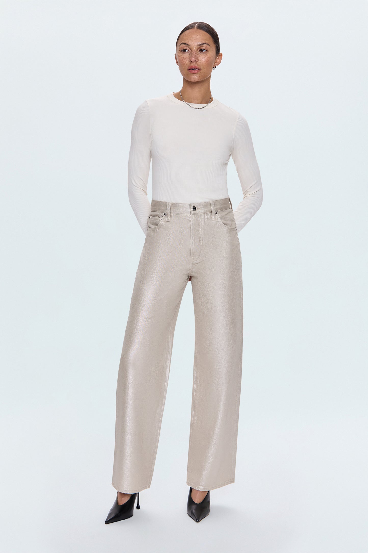 Tate High Rise Wide Bowed Jean - Champagne Luster
