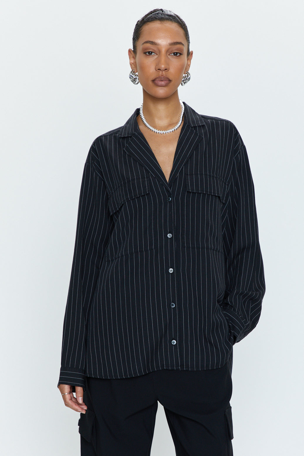 Irene Effortless Button Down Shirt - Black Pinstripe