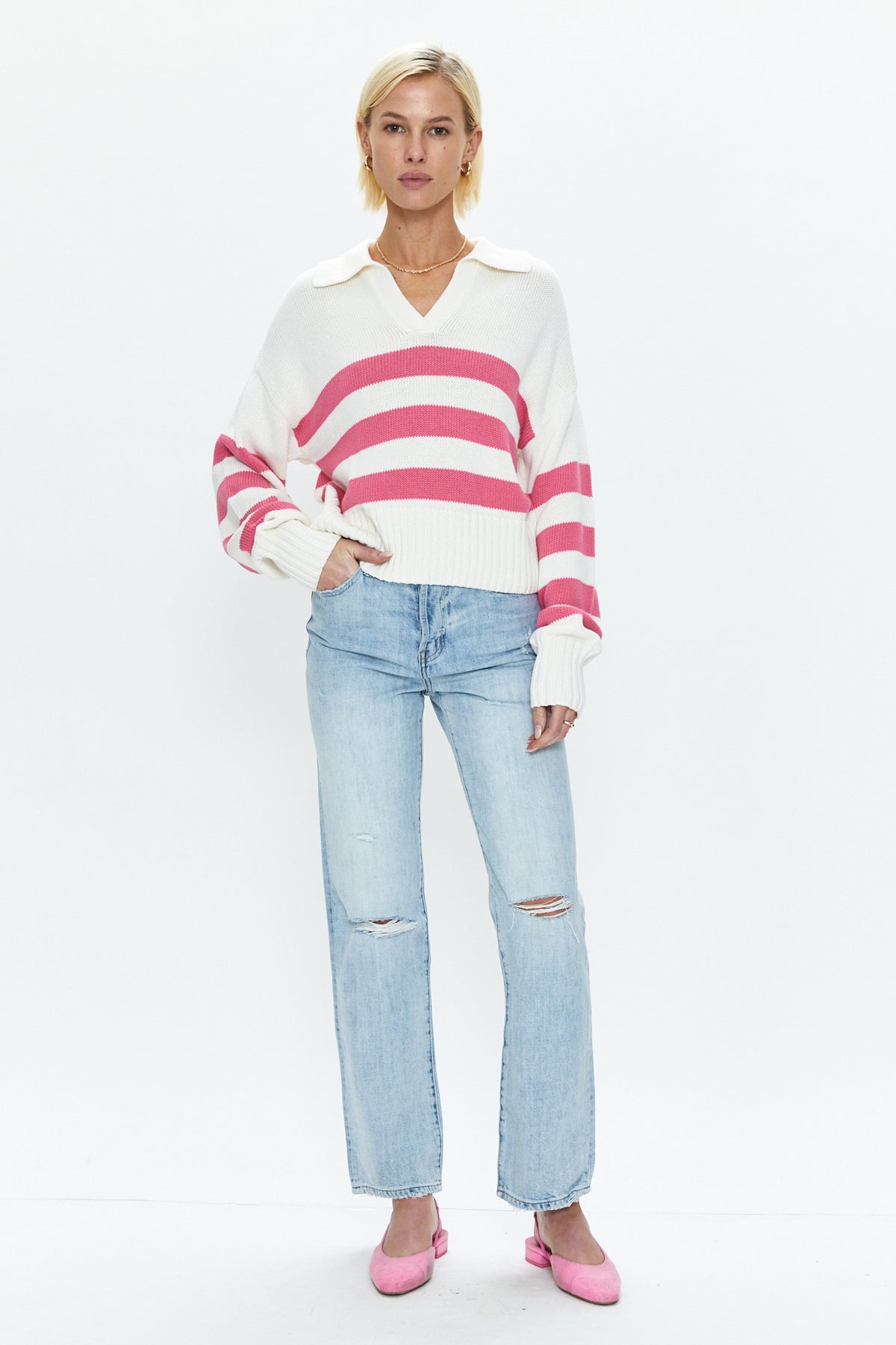 Arlo Polo Sweater - Flamingo White Stripe