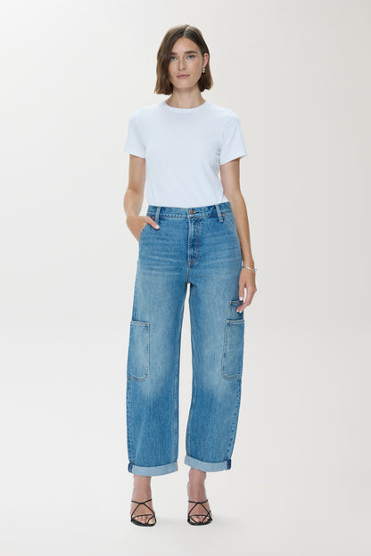 Pistola Sonny High Rise Barrel Jean - Coastal Fade high rise barrel faded wash jeans
