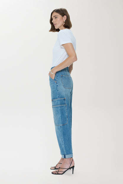 Pistola Sonny High Rise Barrel Jean - Coastal Fade high rise barrel faded wash jeans
