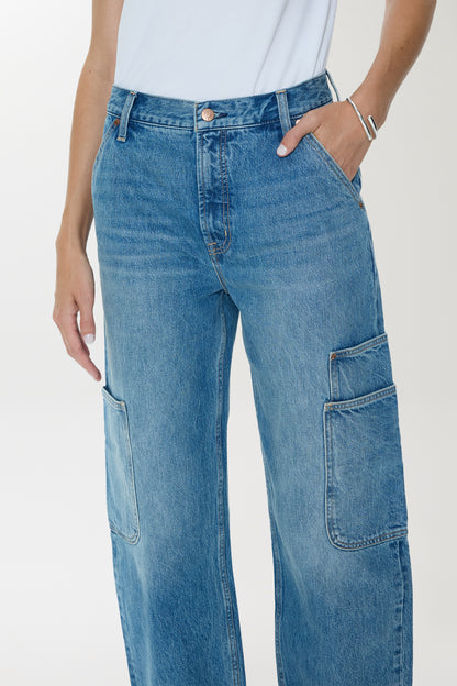 Pistola Sonny High Rise Barrel Jean - Coastal Fade high rise barrel faded wash jeans