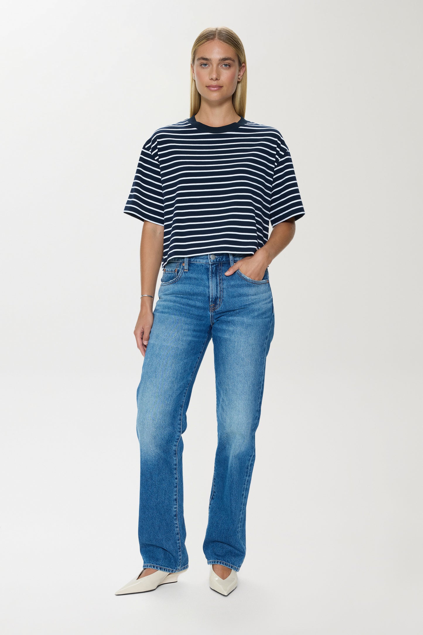 Mae Cropped Tee - Navy White Stripe