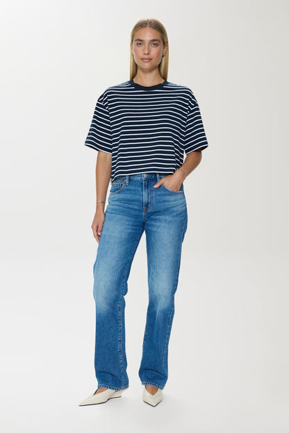 Mae Cropped Tee - Navy White Stripe
