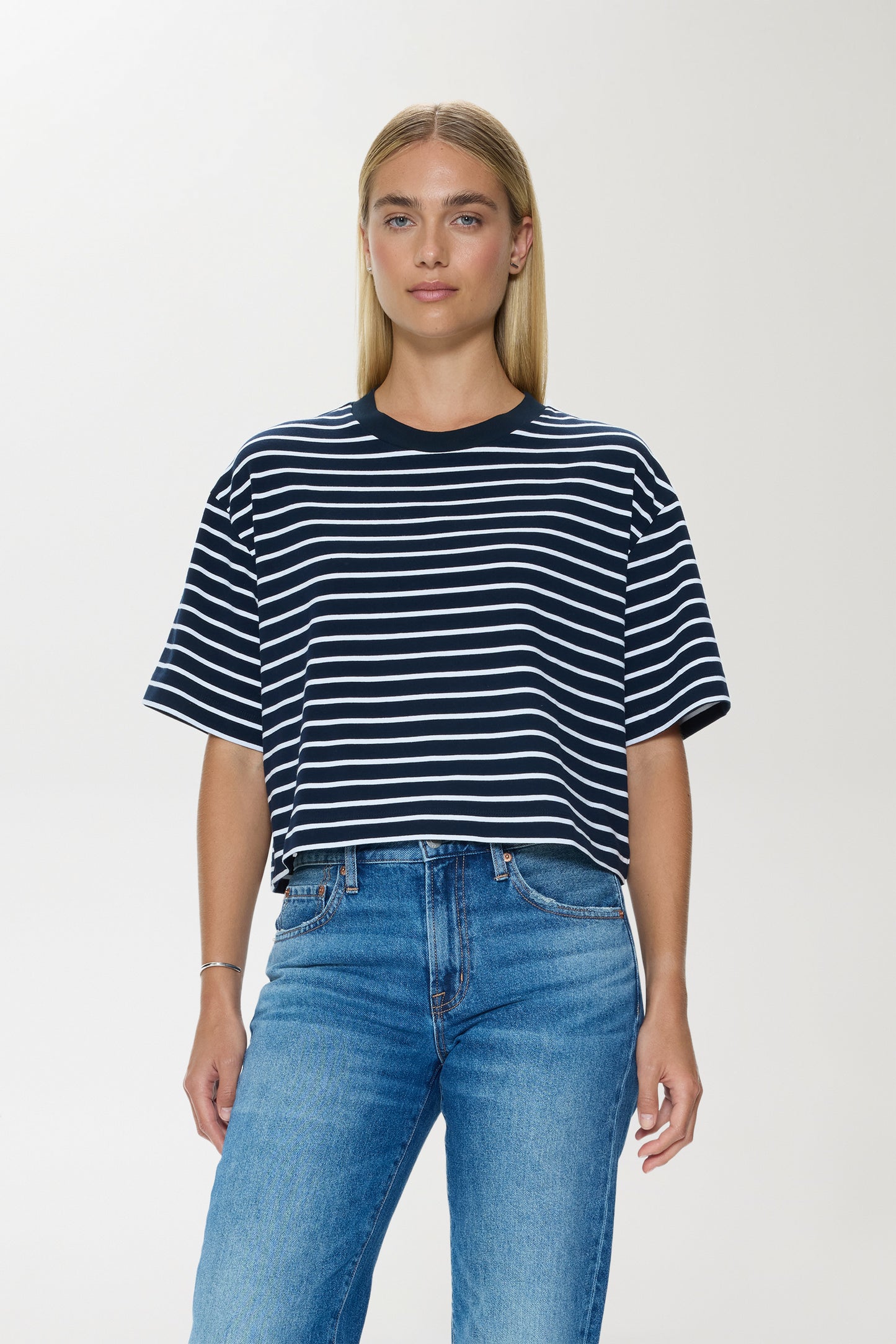 Mae Cropped Tee - Navy White Stripe