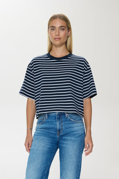 Mae Cropped Tee - Navy White Stripe