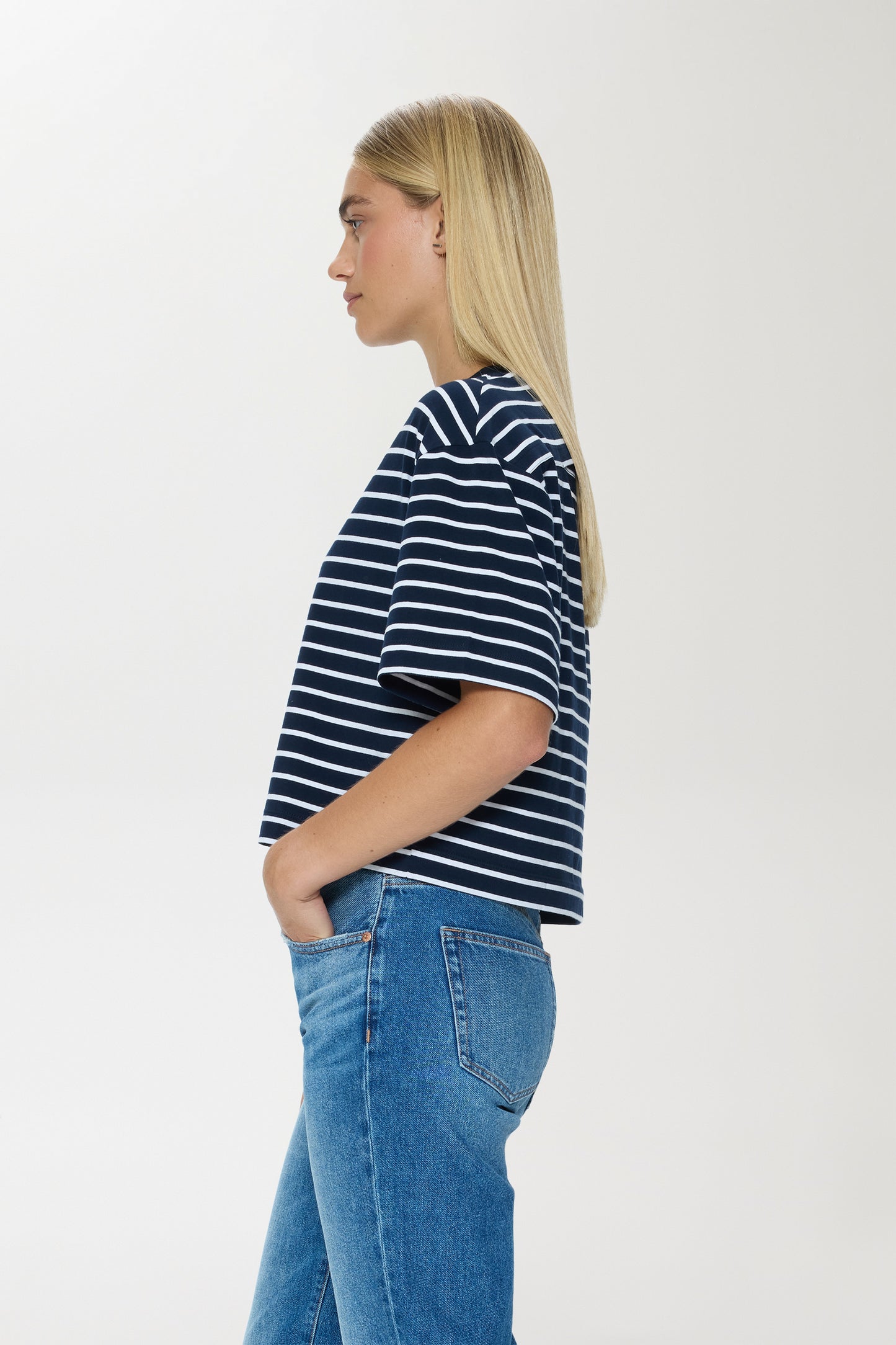 Mae Cropped Tee - Navy White Stripe