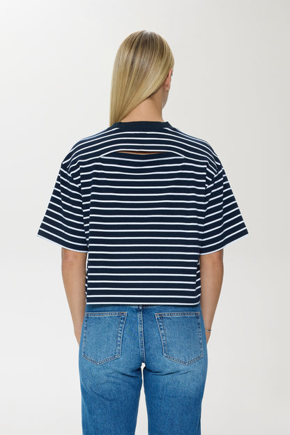 Mae Cropped Tee - Navy White Stripe