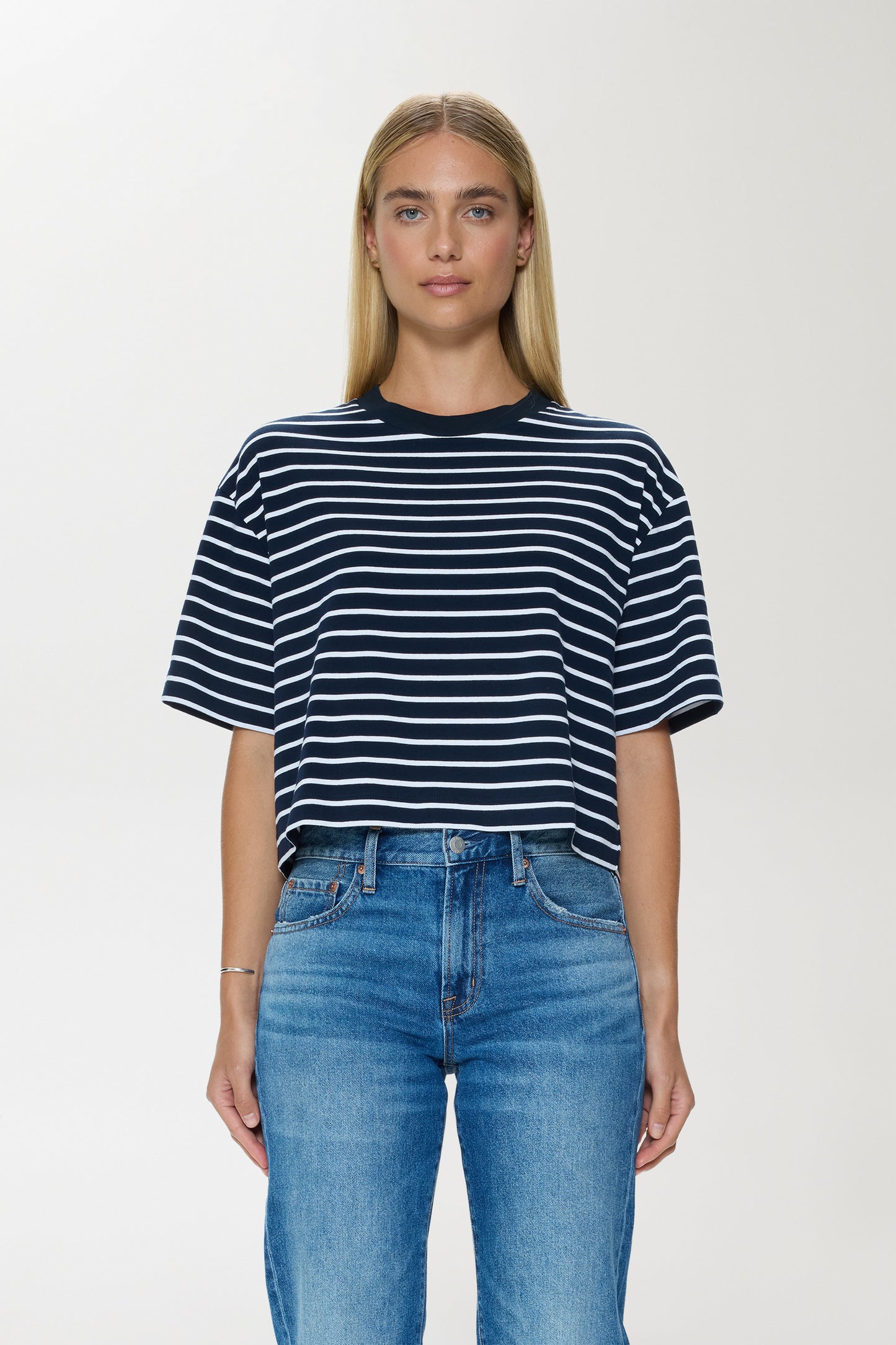 Mae Cropped Tee - Navy White Stripe