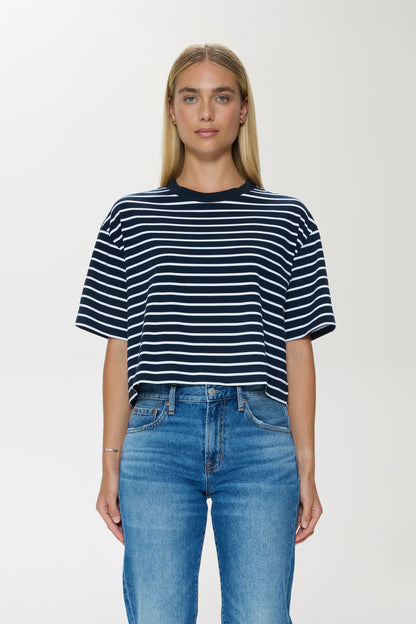 Mae Cropped Tee - Navy White Stripe