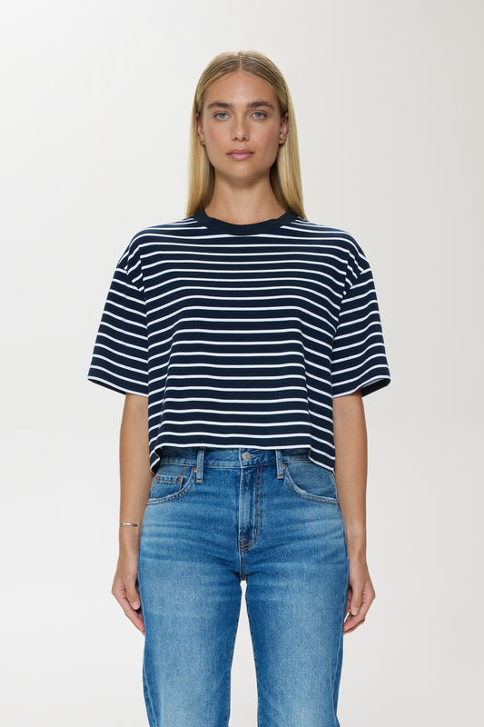 Mae Cropped Tee - Navy White Stripe