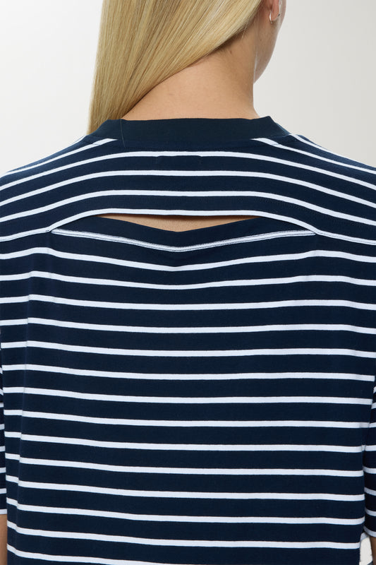 Mae Cropped Tee - Navy White Stripe