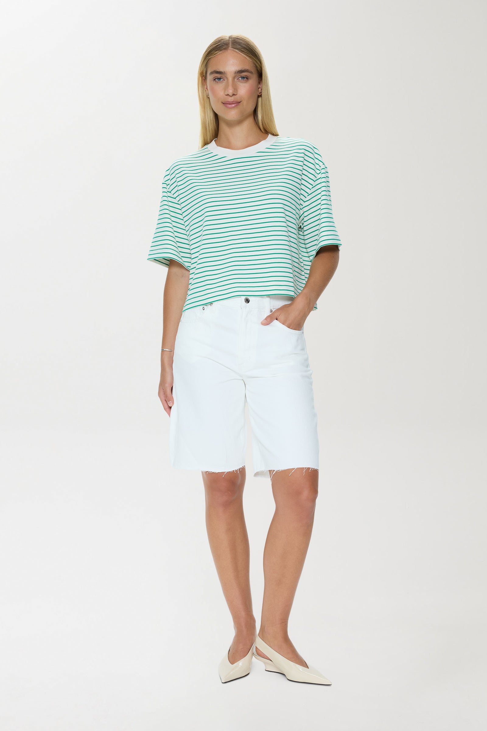 Pistola Mae Cropped Tee - Vert Stripe cropped jeans