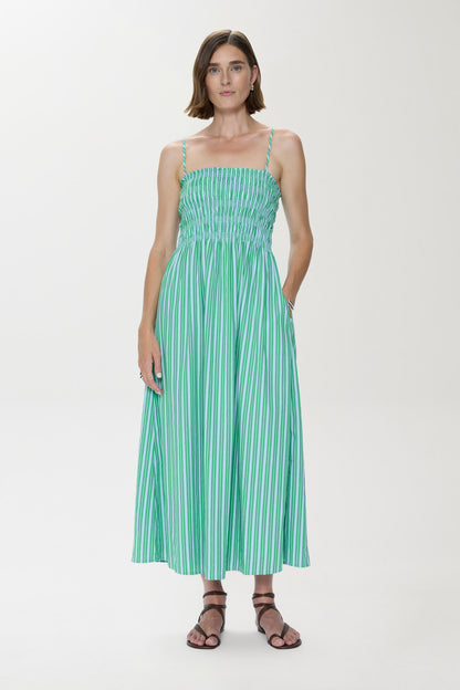 Pistola - Bianca Shirred Bodice Dress - Green Blue Stripe M Pistola - Bianca Shirred Bodice Dress - Green Blue Stripe M