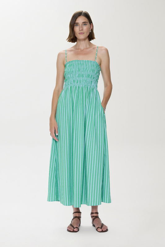 Bianca Shirred Bodice Dress - Green Blue Stripe