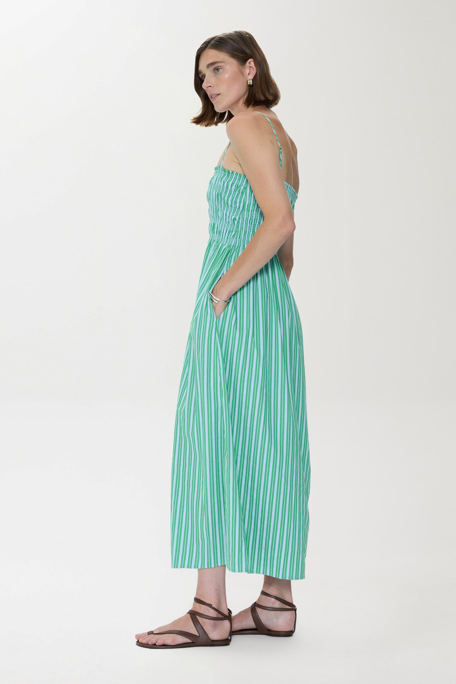 Pistola - Bianca Shirred Bodice Dress - Green Blue Stripe M Pistola - Bianca Shirred Bodice Dress - Green Blue Stripe M