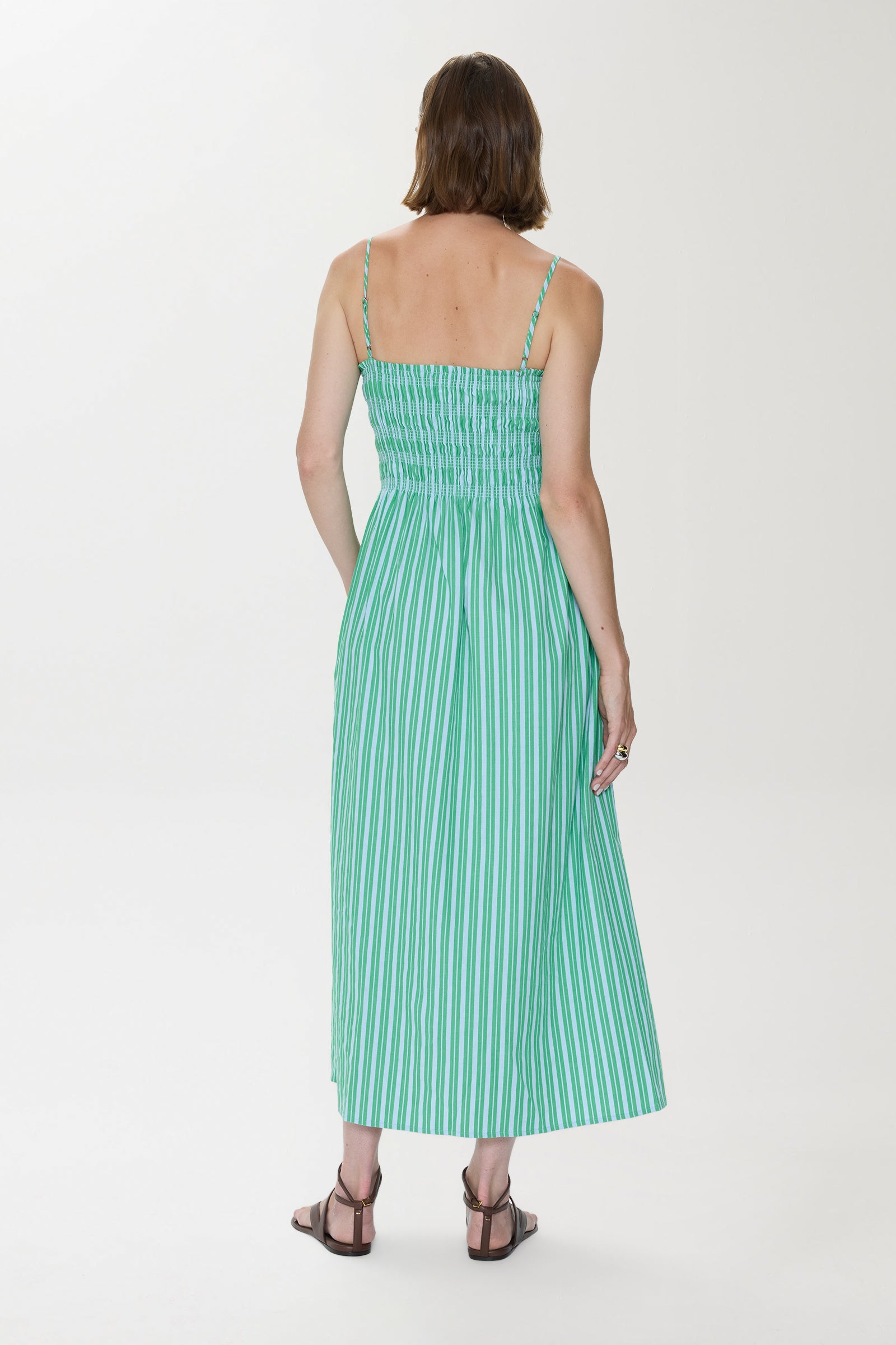 Pistola - Bianca Shirred Bodice Dress - Green Blue Stripe M Pistola - Bianca Shirred Bodice Dress - Green Blue Stripe M