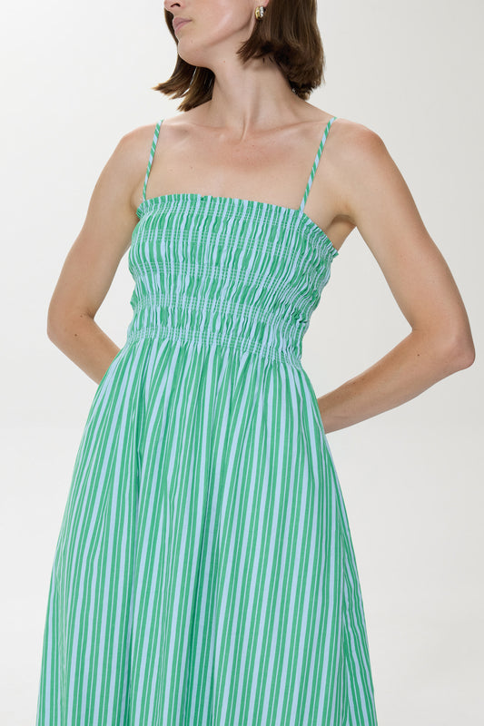 Bianca Shirred Bodice Dress - Green Blue Stripe