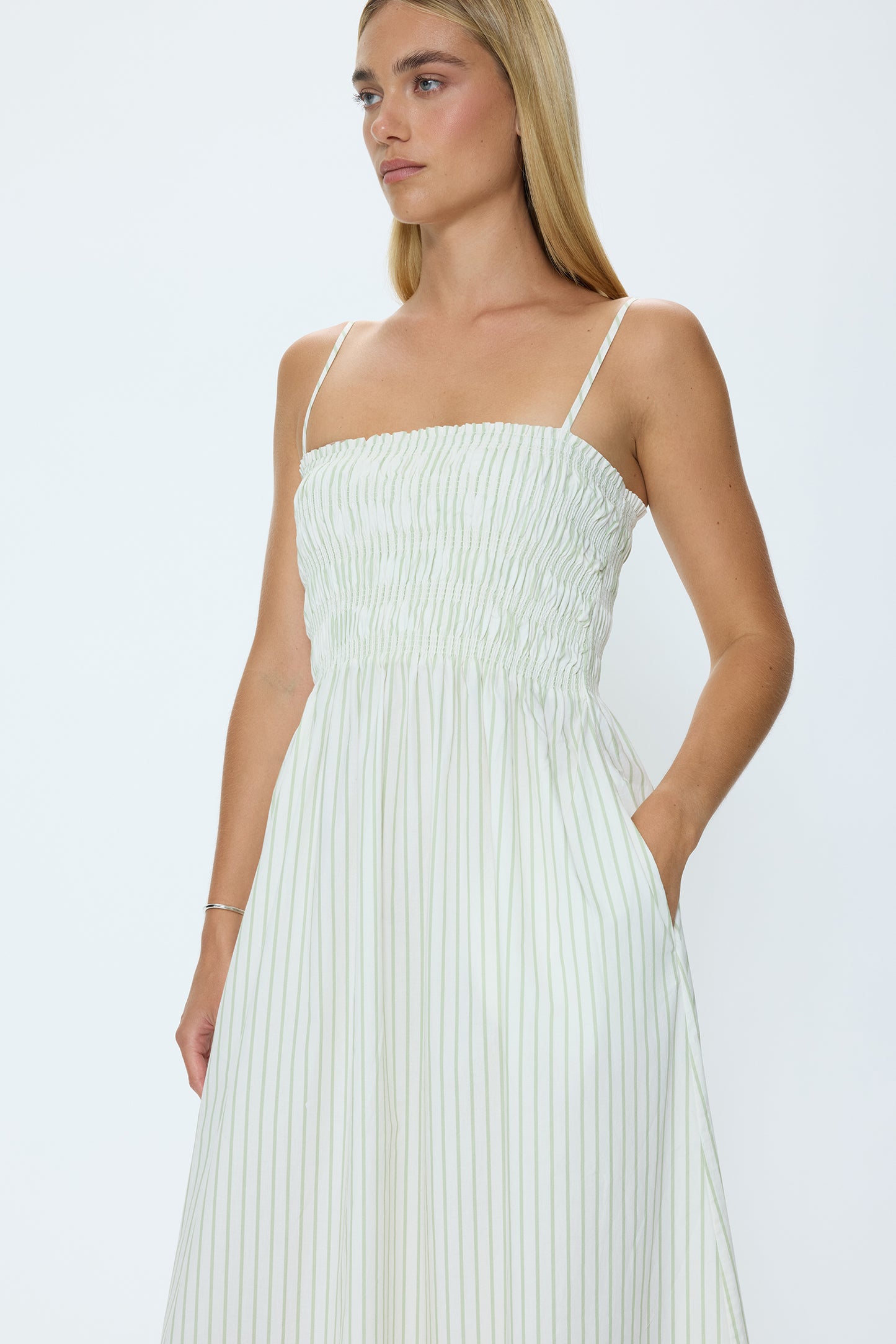 Pistola Bianca Shirred Bodice Dress - Sage Egret Stripe dress