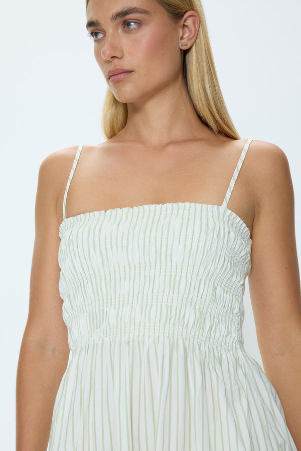 Bianca Shirred Bodice Dress - Sage Egret Stripe
