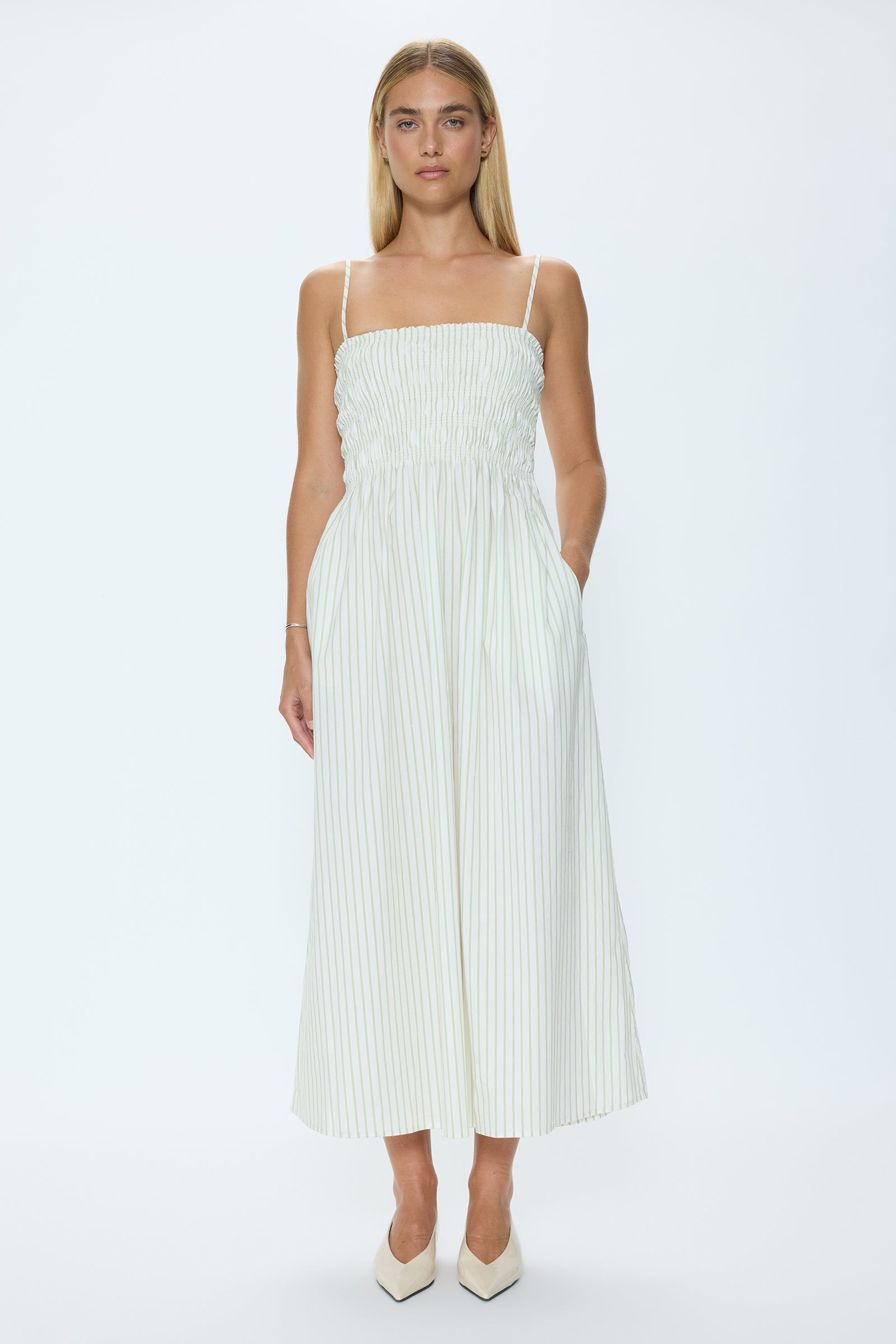 Bianca Shirred Bodice Dress - Sage Egret Stripe – Pistola Denim