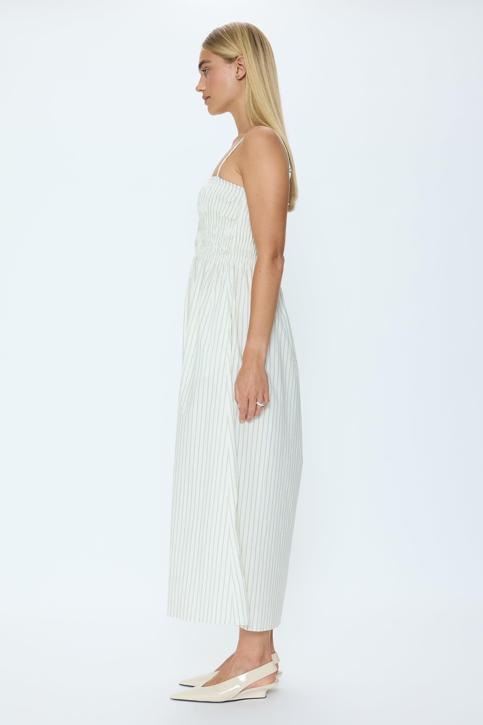 Bianca Shirred Bodice Dress - Sage Egret Stripe – Pistola Denim