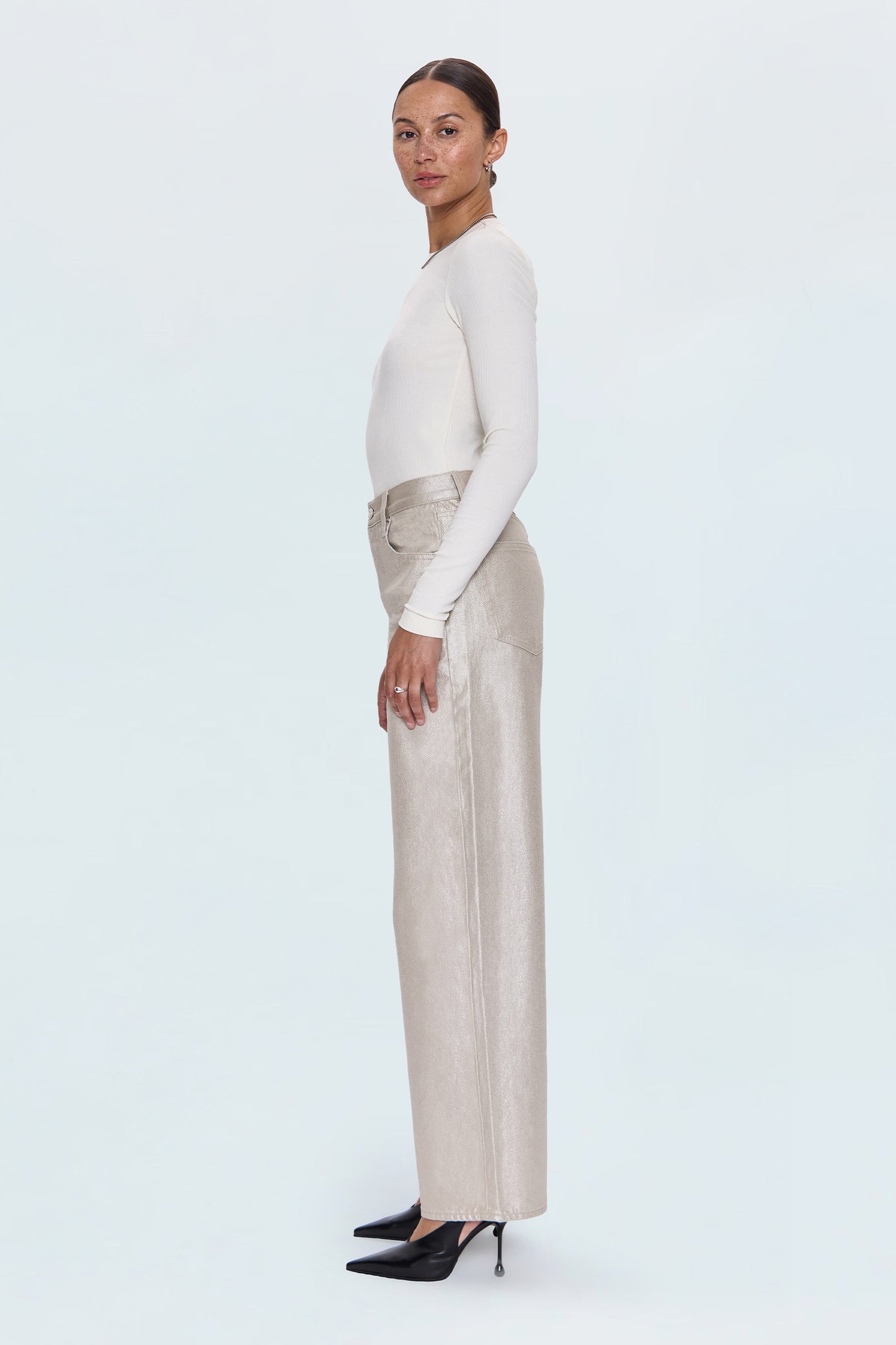 Tate High Rise Bowed Wide Leg Jean - Champagne Luster