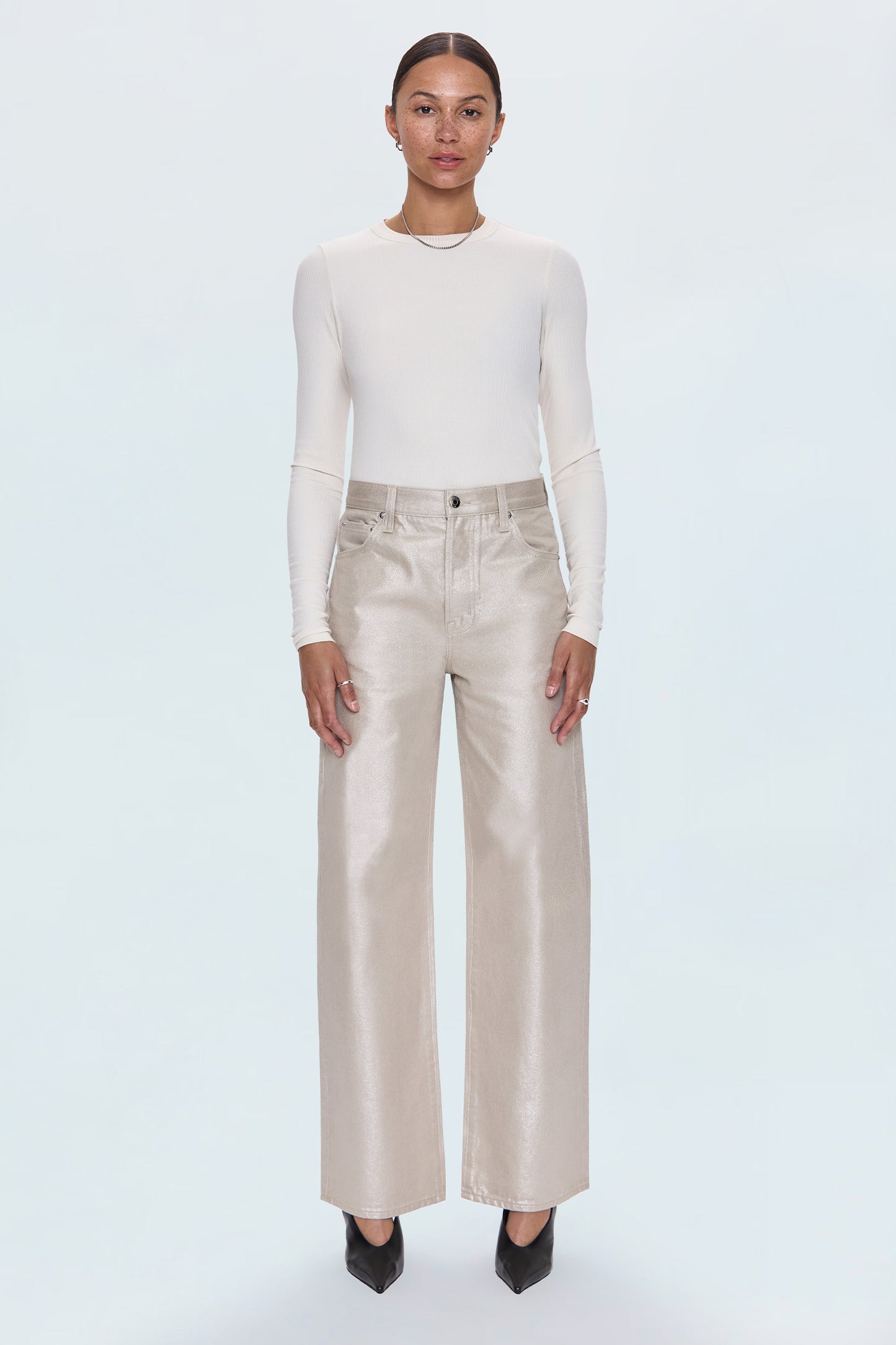 Tate High Rise Bowed Wide Leg Jean - Champagne Luster