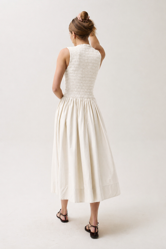 Gladys Smocked Bodice Dress - Oyster Shell