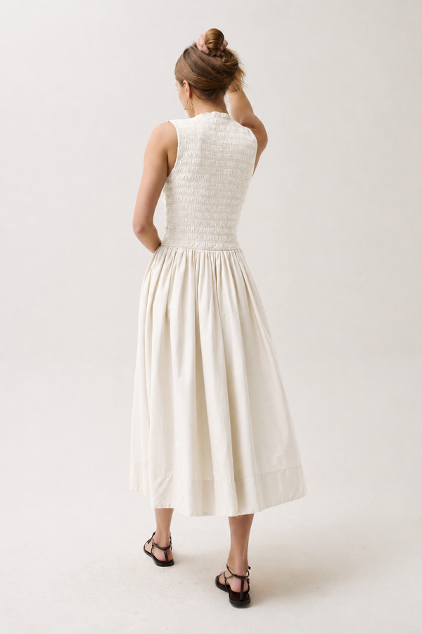 Gladys Smocked Bodice Dress - Oyster Shell
