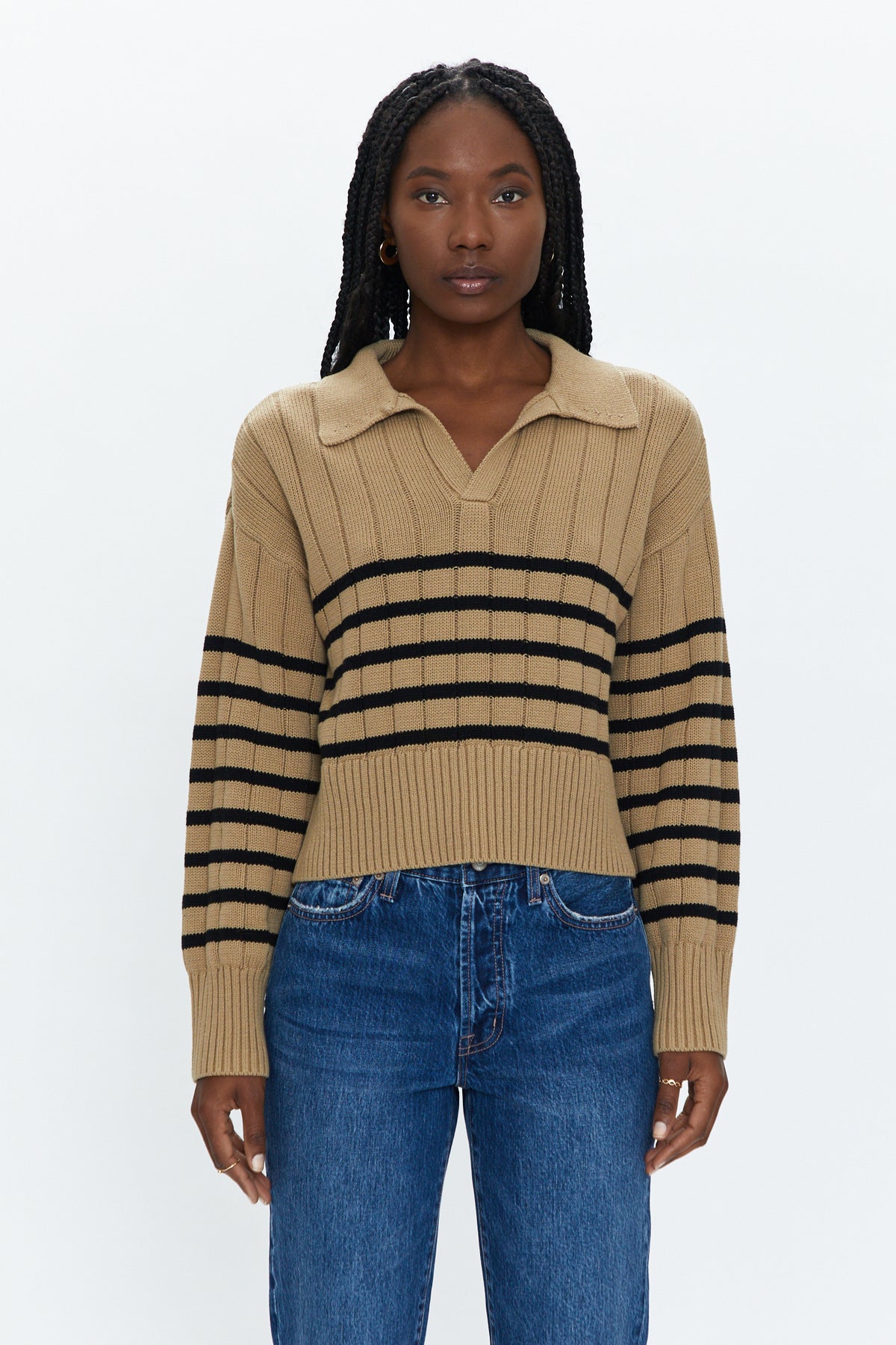 Arlo Polo Sweater - Tan Noir Stripe