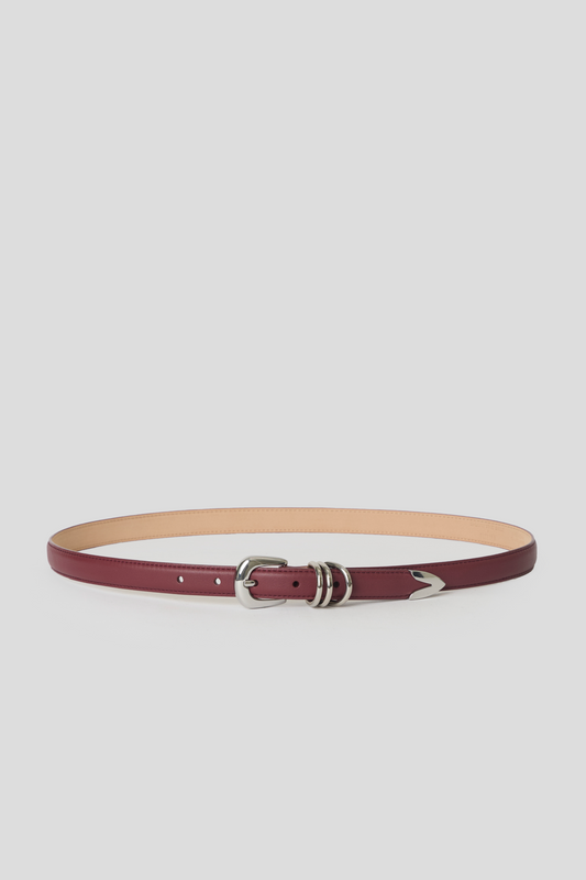 Maia Slim Leather Belt - Maroon Silver