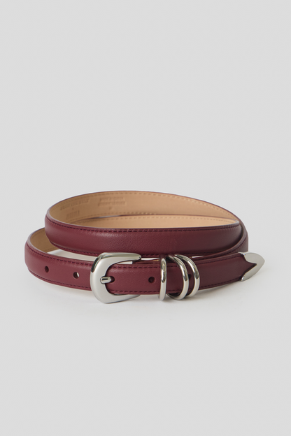 Maia Slim Leather Belt - Maroon Silver