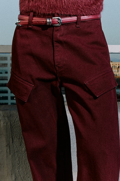 Maia Slim Leather Belt - Maroon Silver
