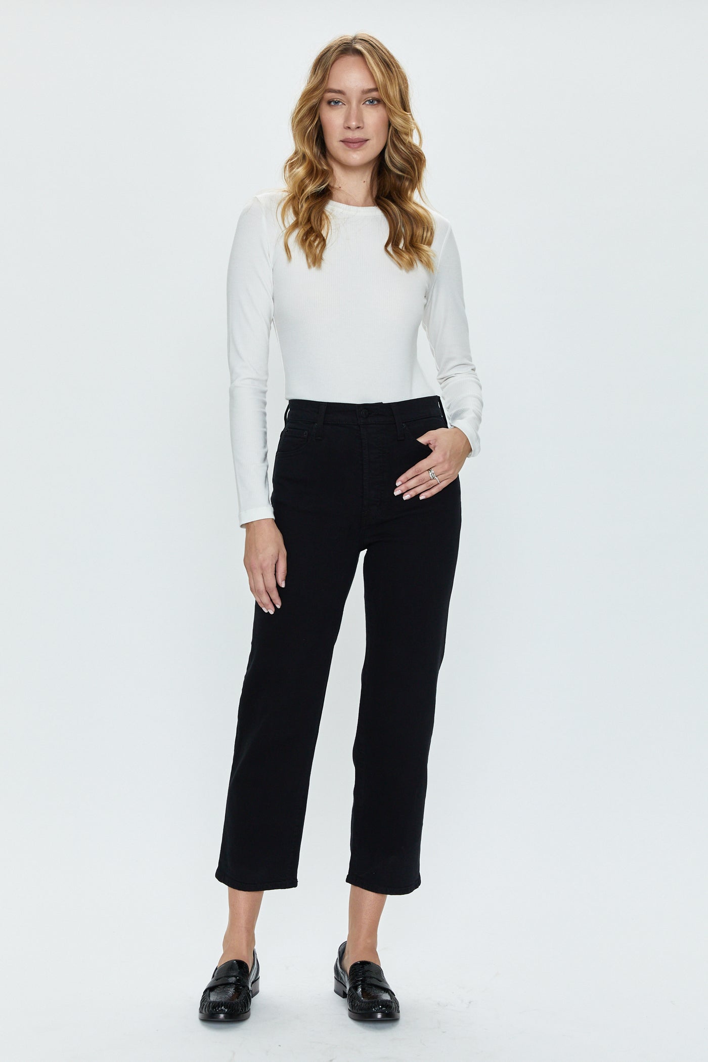 A Charcoal Black High-Waist, trumpet-cut Details Pant with Si