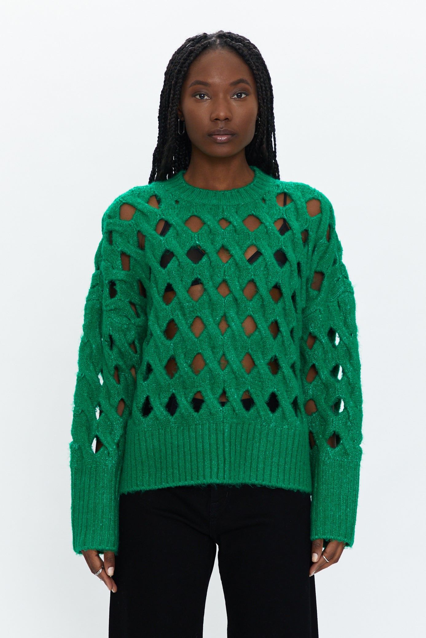 Darya Open Knit Pullover Sweater - Evergreen