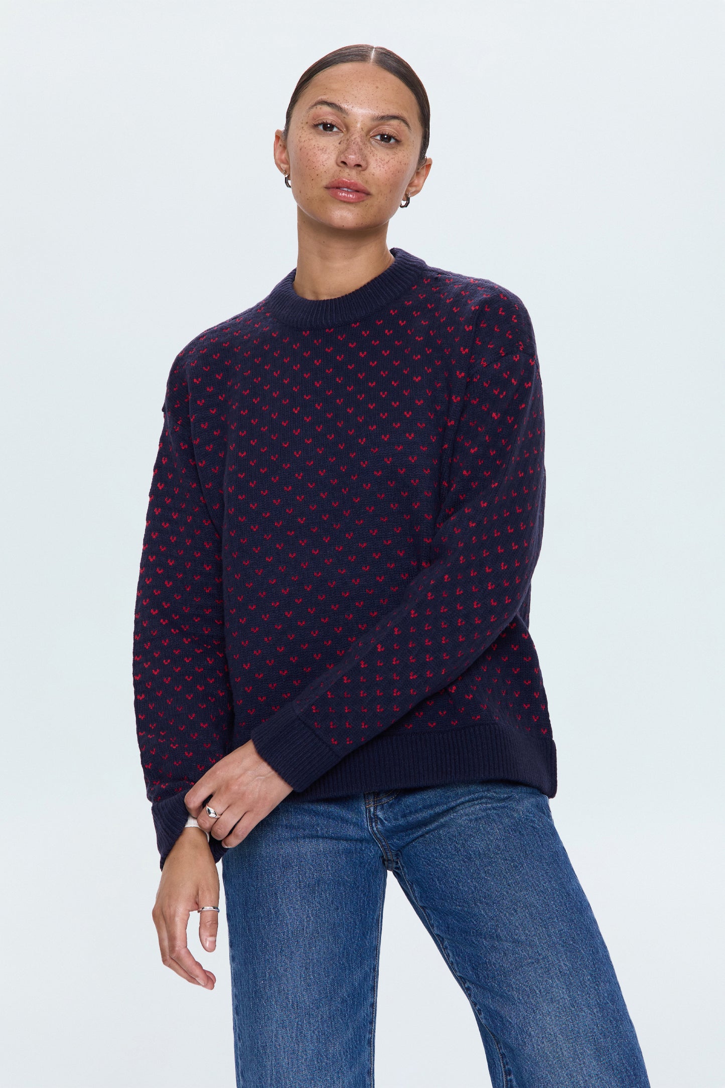 Hanna Oversized Sweater - Navy Red Hearts
