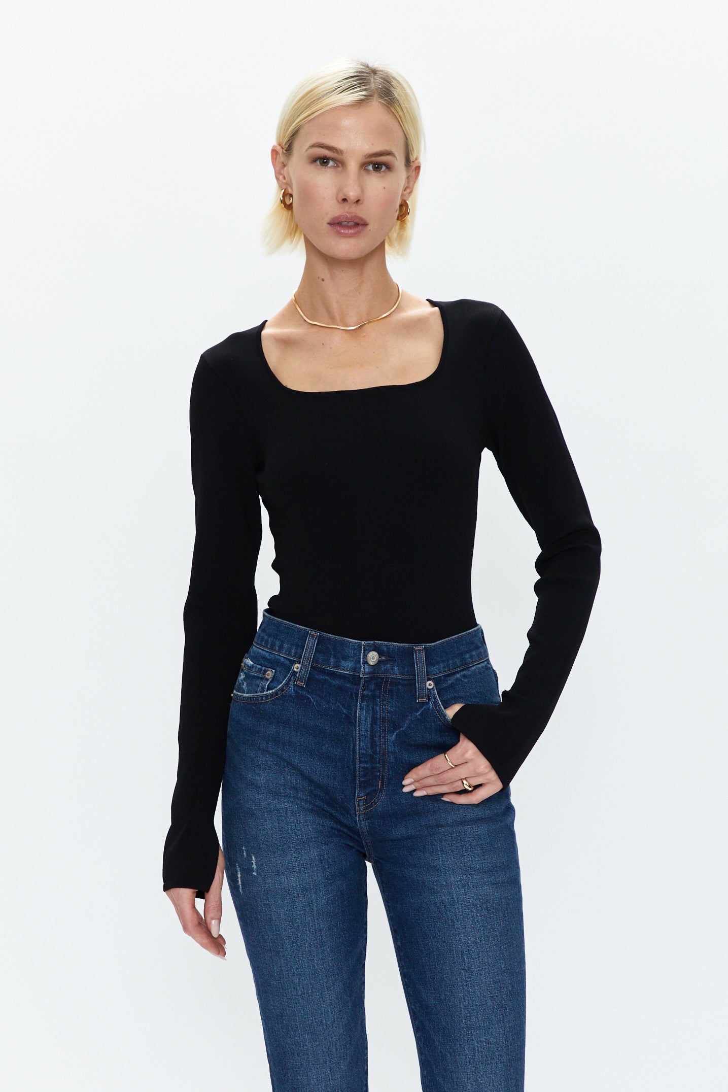 Jenny Long Sleeve Square Neck Thong Bodysuit - Noir
