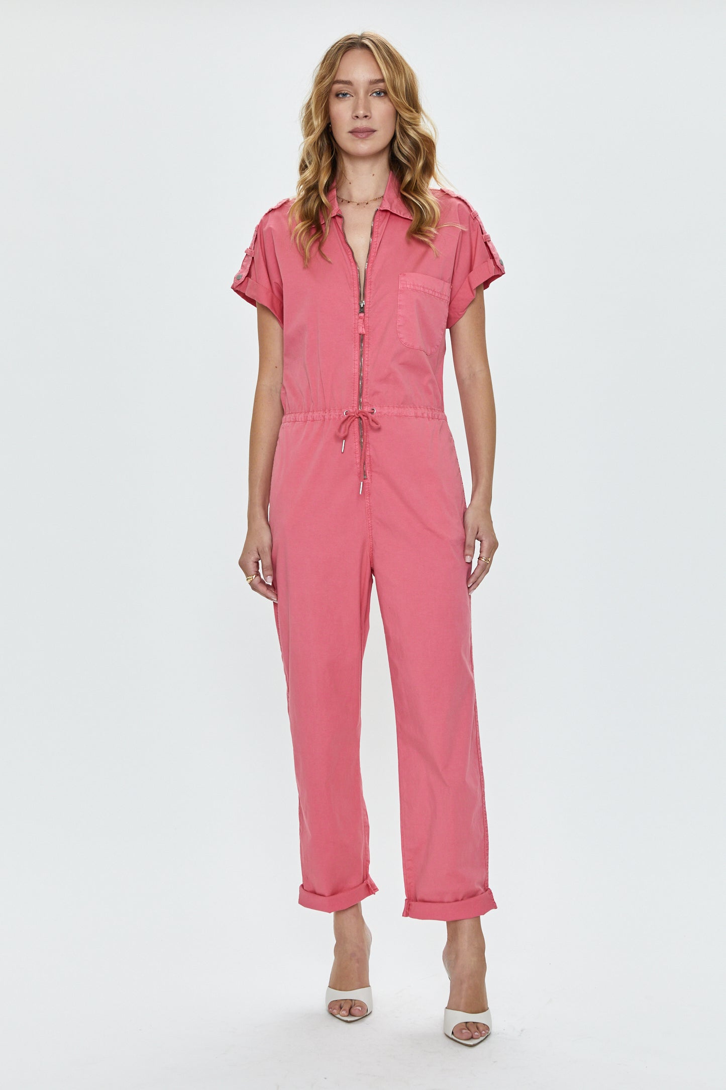 Jordan Short Sleeve Zip Front Jumpsuit - Pink Punch