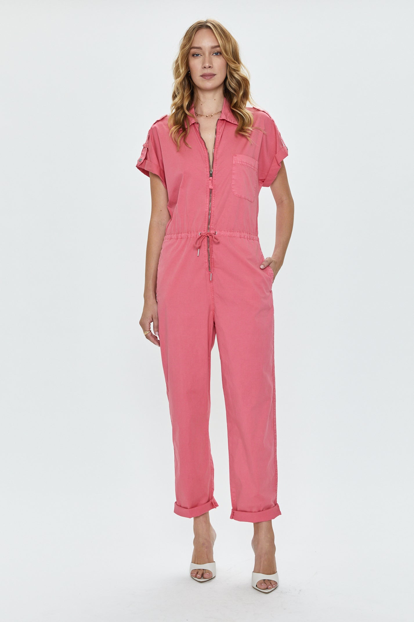 Jordan Short Sleeve Zip Front Jumpsuit - Pink Punch